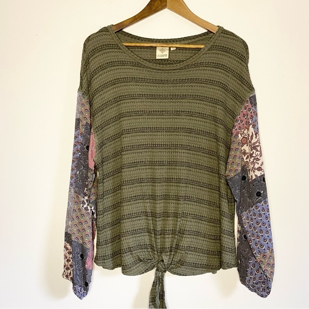 Alkamy Boho Green Waffle Knit with Patchwork Sleeves Size Large